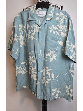 28 Palms Mens XL Silk Linen Shirt Sage Green Floral Lily Button Front Camp